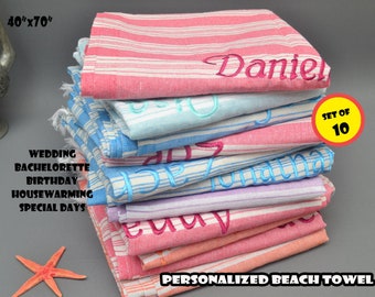 Set of 10,  Turkish Towel Monogram, Embroider Towel, Personalized Yoga Mat, Beach Bachelorette Party, Bridal Shower, Bridesmaid Beach Towel