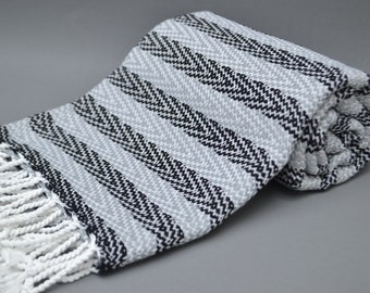 Handwoven Turkish Cotton Beach Towel: Gray Black Striped Peshtemal