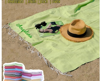 Personalized Turkish Beach Towel, Wedding gifts, Bride tribe, Embroidered Cotton Peshtemal