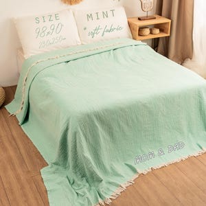 Couverture personnalisée en mousseline vert menthe, jeté en coton doux avec glands, couverture personnalisée