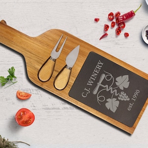 Acacia Wood/Slate Serving Board with Two Tools - bread board, cheese board, cutting board engraving, charcuterie board personalize