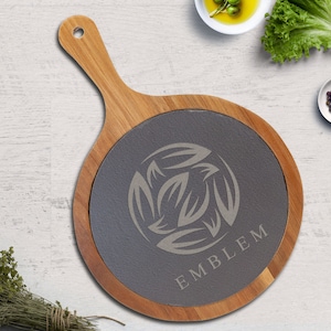 Round Acacia Wood/Slate Serving Board with Handle - slate board, acacia cutting board, bread board, cheese board, 12 inch board