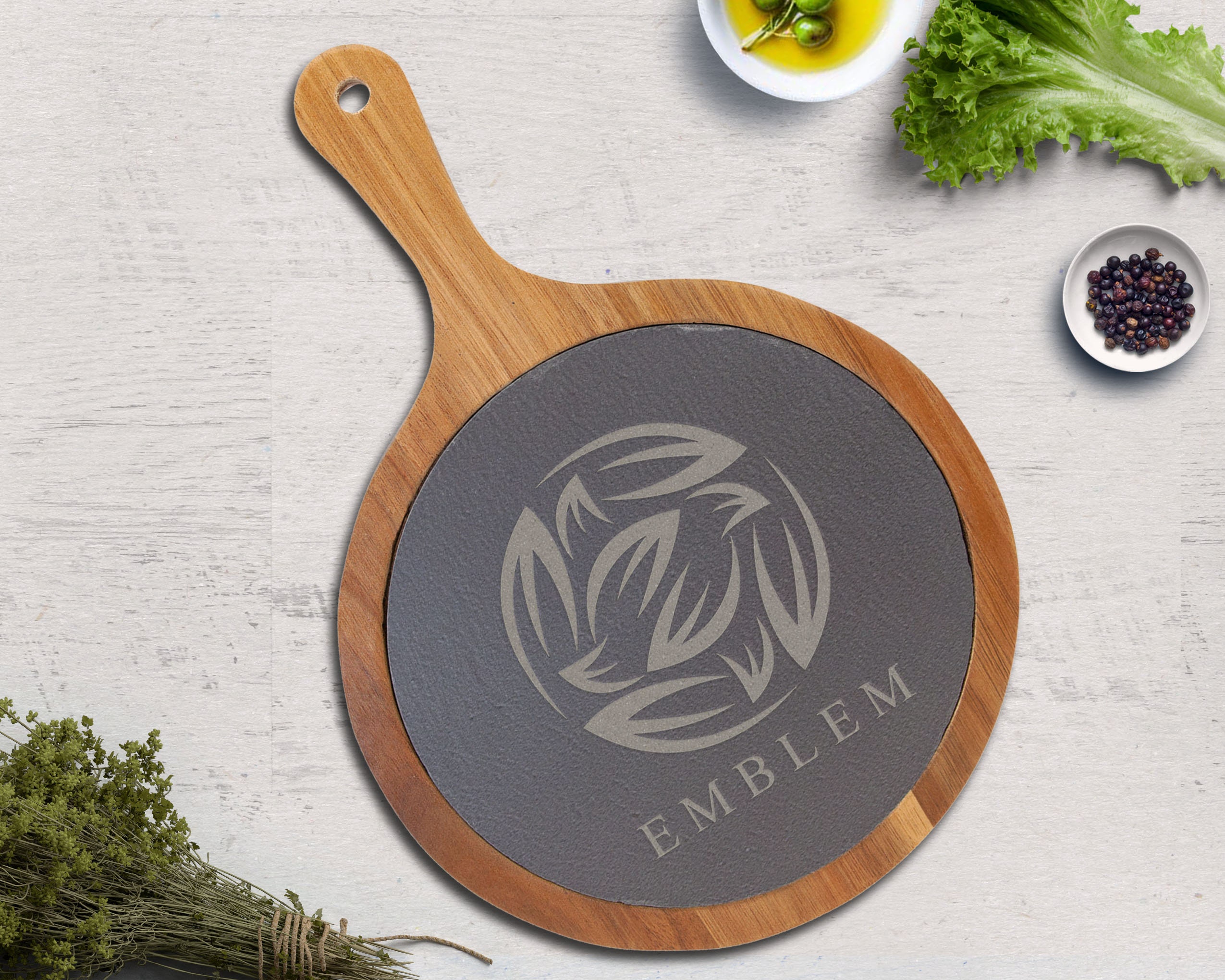 Round Acacia Wood/slate Serving Board With Handle Slate Board, Acacia