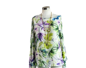 Op maat gemaakte zijden blouse met botanische bladprint, top met gedrapeerde mouwen, handgemaakte kleding
