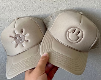 Embroidered Smiley trucker hat, embroidered trucker hat, neutral hat, neutral smiley face, minimalist hat, smiley foam trucker hat