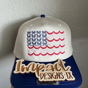Embroidered flag trucker hat, USA trucker hat, stitched flag hat, embroidered bow flag hat, scalloped flag hat, girls flag hat, Memorial Day