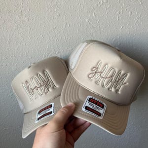 Embroidered Mama trucker hat, boy mom hat, girl mom hat,  neutral mama hat, minimalist hat,  foam trucker hat, beige trucker hat, foam mom