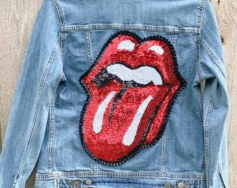 Red Sequin Rock and Roll Lips and Tongue Jean Jacket -Custom Jean Jacket / Lips Jean Jacket / Rock and Roll Jean Jacket / Sequin Jean Jacket