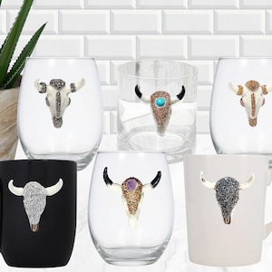 Longhorn Skull Mug, Wine Glass, Whiskey Glass - Diamond Cow Glass / Western Whiskey Glass / Bling Skull Wine Glass / Rhinestone Longhorn Mug