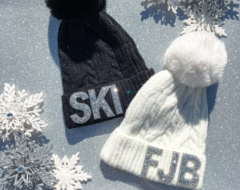 Custom Rhinestone Monogram Beanie - Ski Beanie / Fur Beanie / Knit Beanie /  Name Beanie /  Bling Initial Beanie / Winter Hat / Monogram Hat