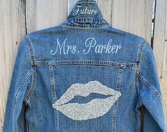 Future Mrs. &quot;CUSTOM NAME&quot; Silver Rhinestone Kiss Lips Jean Jacket - Bachelorette Jacket / Bride Jacket / Mrs Jean Jacket / Newlywed Jacket