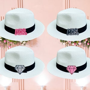 Chapéu Panamá de Noiva com Strass - Chapéu Sra / Chapéu de Noiva Prateado / Chapéu de Solteira / Chapéu de Lua de Mel / Boné de Noiva Diamante Rosa / Chapéu de Palha Bling