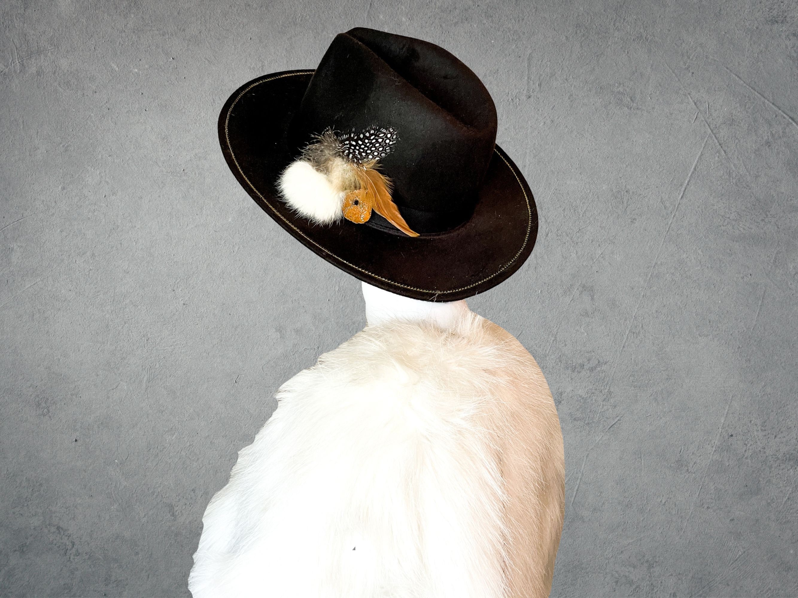 EXTRAVAGANT VINTAGE BLACK FEDORA WITH FEATHER TRIM, RHINESTONES AND BROOCH Luxury Divas Black Wool Felt Fedora Hat with Feather Trim  main image 4
