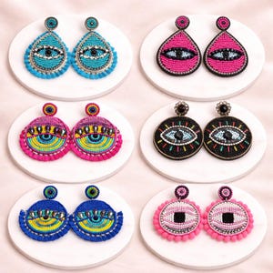 Pendientes de ojo turco con cuentas y diamantes de imitación - Joyería llamativa para vacaciones / Pendientes de lujo brillantes / Pendientes bohemios / Pendientes colgantes con flecos y cuentas