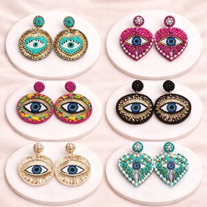 Pendientes de ojo turco con cuentas y diamantes de imitación - Joyería llamativa para vacaciones / Pendientes de lujo brillantes / Pendientes bohemios / Pendientes colgantes con flecos y cuentas