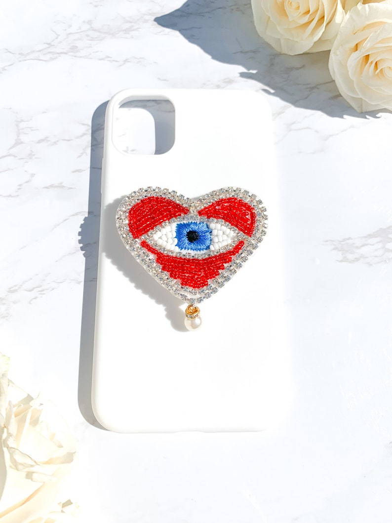 Rhinestone and Beaded Red Heart Evil Eye Phone Pop Grip