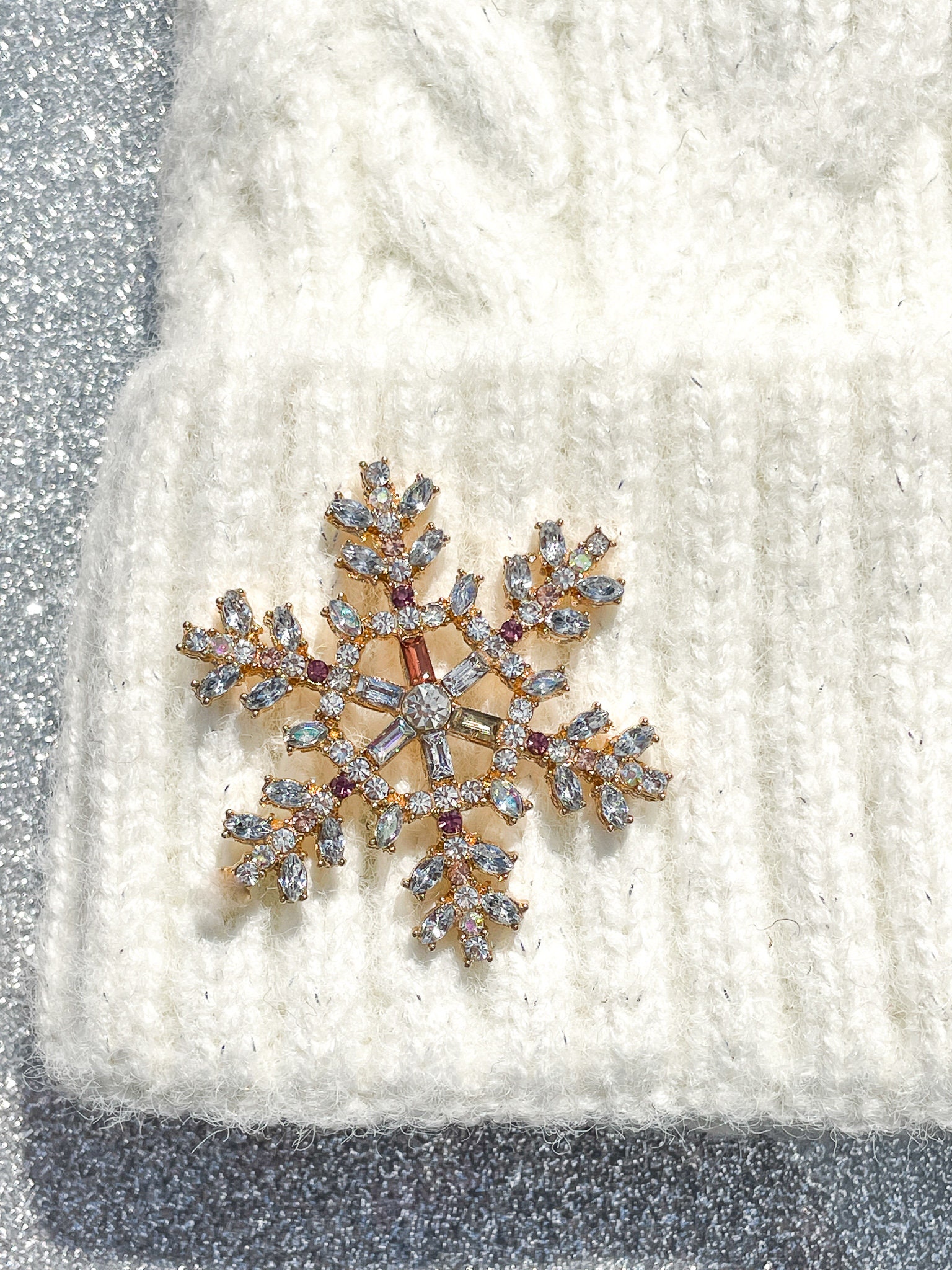Rhinestone Beanie - Silver Snowflake Ski Beanie / Faux Fur 