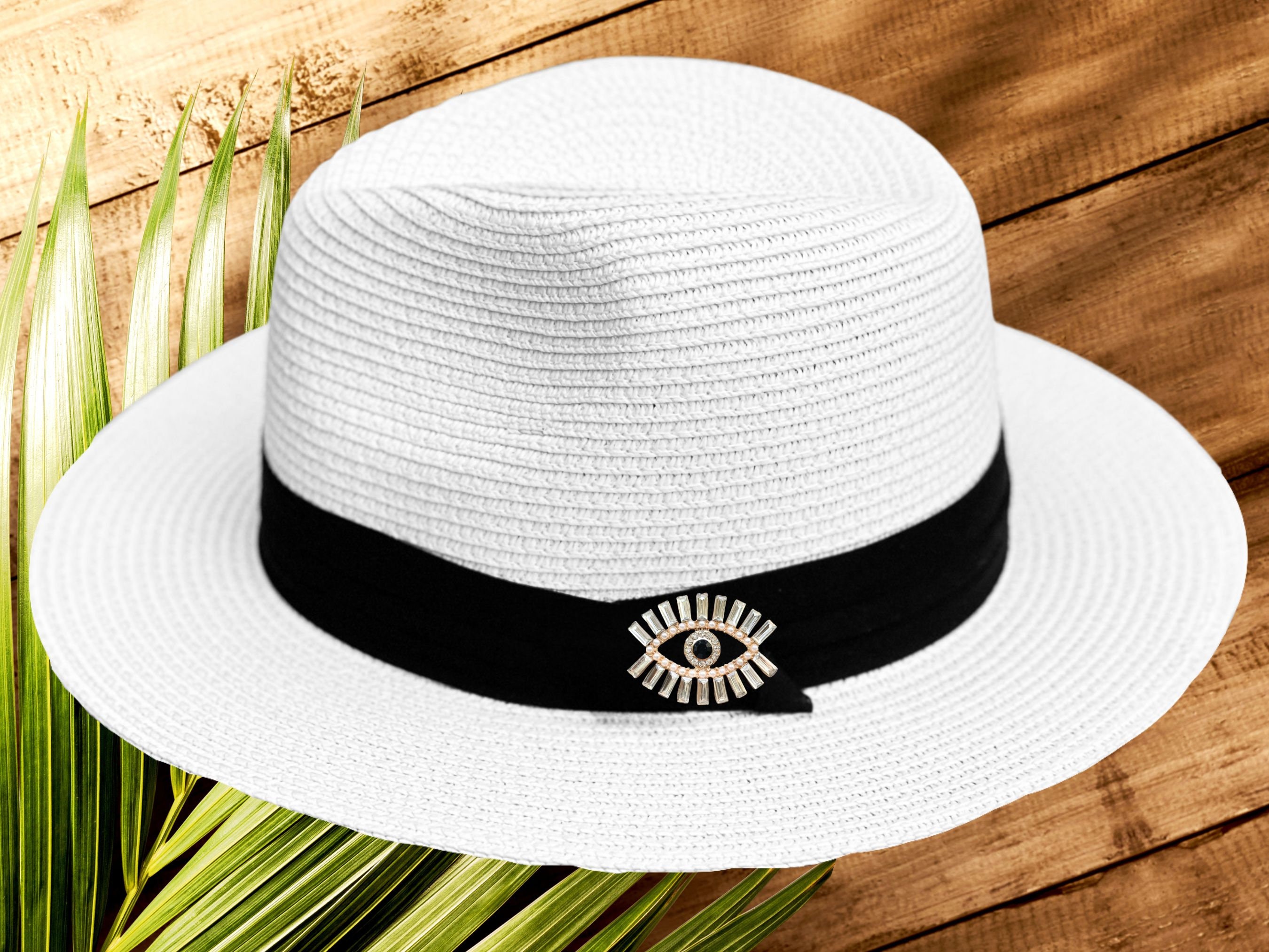 Handmade Panama hat with evil eye Evil Eye Panama Hat - Custom Hat / Panama Sun Hat / Bling  main image 3