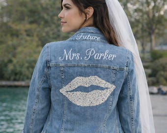Future Mrs. "CUSTOM NAME" Silver Rhinestone Kiss Lips Jean Jacket - Bachelorette Jacket / Bride Jacket / Mrs Jean Jacket / Newlywed Jacket