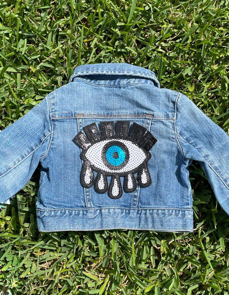 Black White and Blue Sequin Evil Eye Jean Jacket Custom Etsy