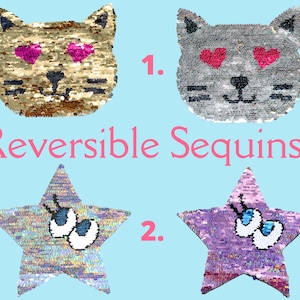 Op de afbeelding: Twee omkeerbare paillettenpatches. De eerste patch is een kattengezicht met roze harten als ogen. De tweede patch is een ster met blauwe ogen. De tekst "Omkeerbare Pailletten!" staat onder de patches.