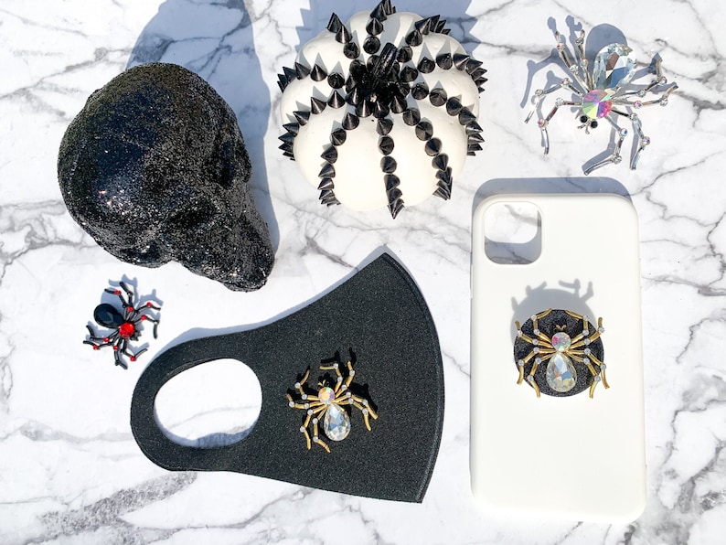 Gold Spider with Crystal Rhinestones Halloween Fashion Face Mask andor Pop Grip