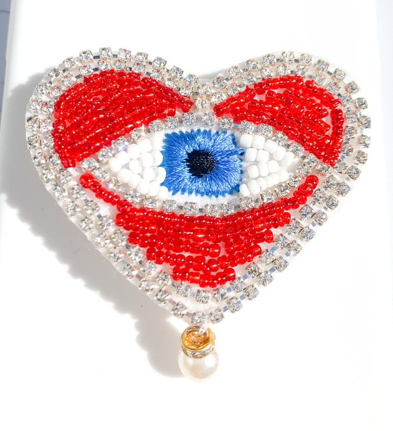 Rhinestone and Beaded Red Heart Evil Eye Phone Pop Grip