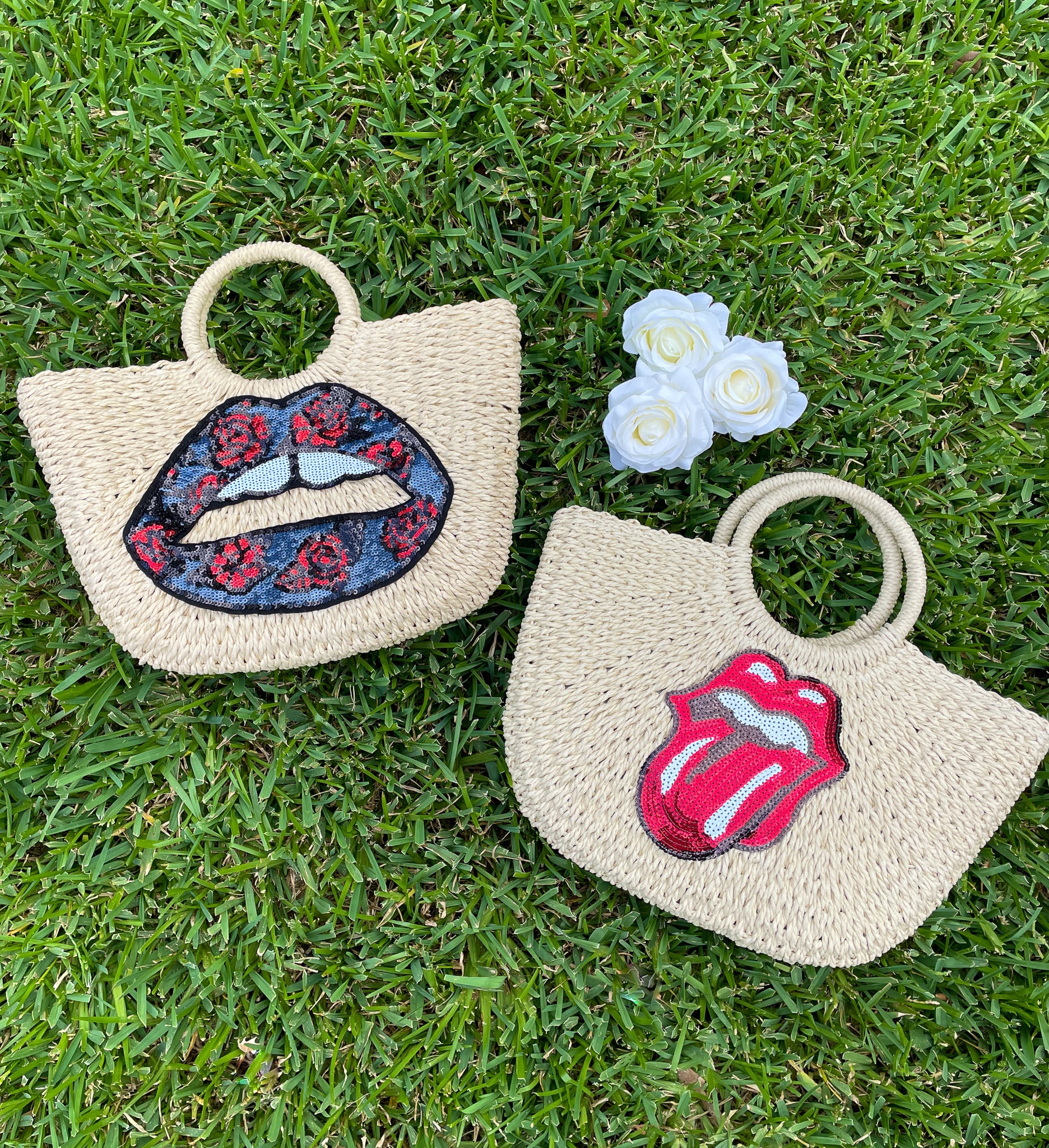 Sequin Lips Straw Beach Bag - Red Lips Beach Bag / Leopard Lips / Sequin Tongue / Pink Lips Pool Tote / Floral Vacation Tote / Gold Lake Bag