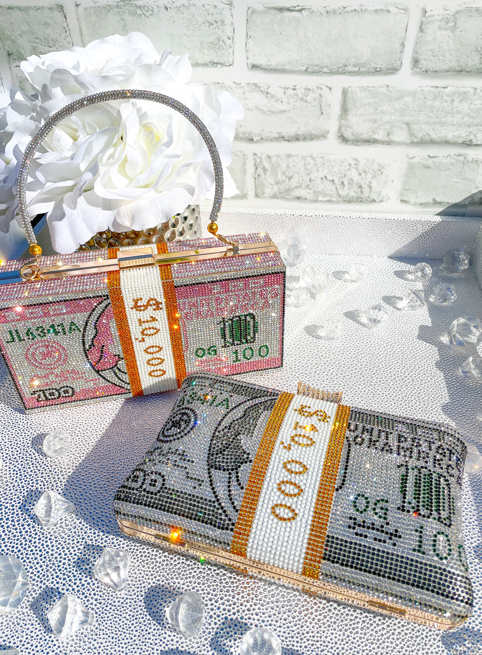 Luxury Evening Bag Pink Rhinestone Money Bag Clutch with 3 Etsy