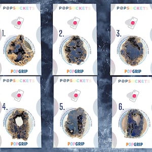 May include: Six different phone grips with a variety of agate designs. Each grip has a white background with the text "POPSOCKETS" and "POPGRIP" printed on it. The grips are numbered 1 through 6.