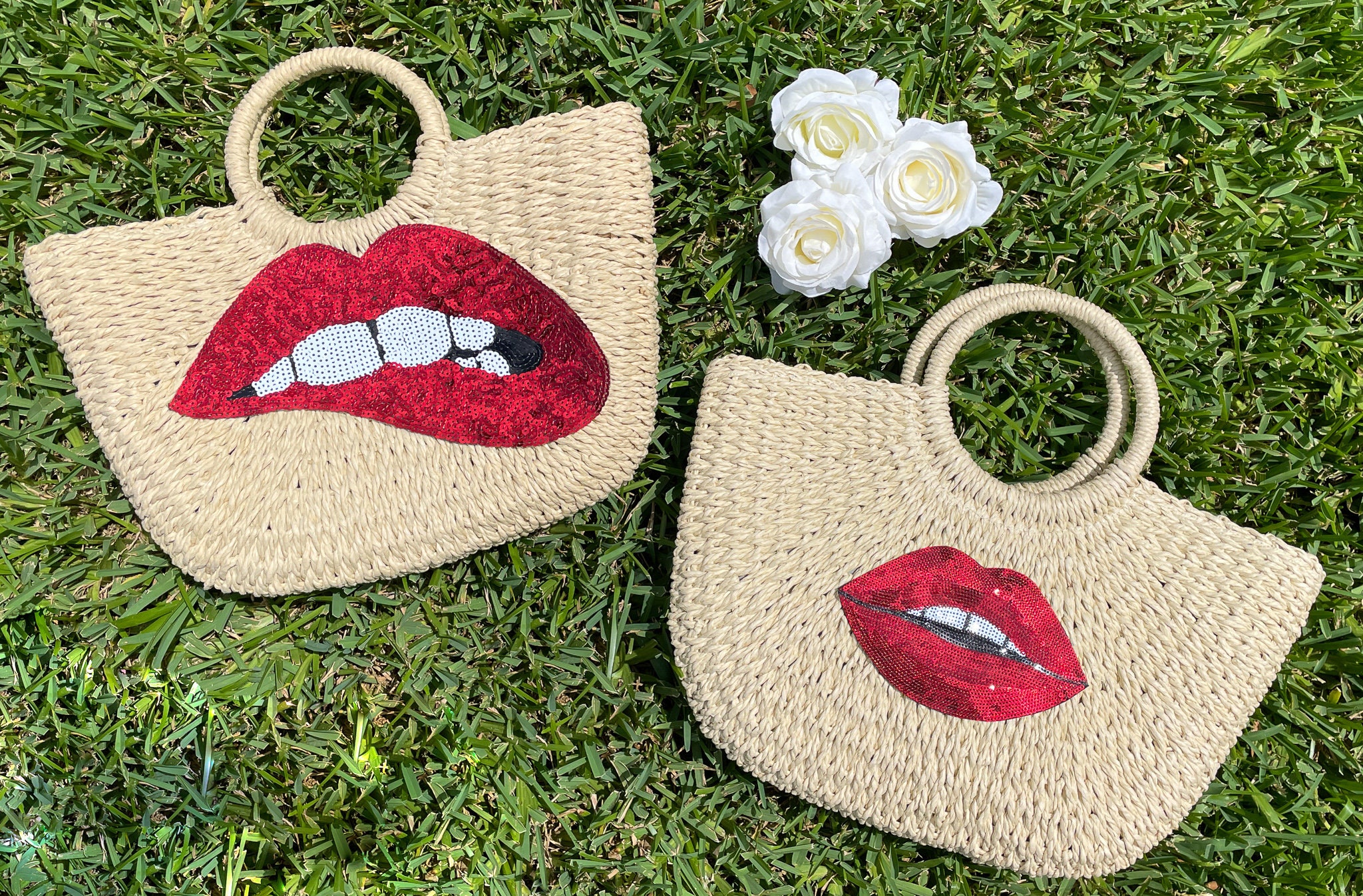 Sequin Lips Straw Beach Bag - Red Lips Beach Bag / Leopard Lips / Sequin Tongue / Pink Lips Pool Tote / Floral Vacation Tote / Gold Lake Bag
