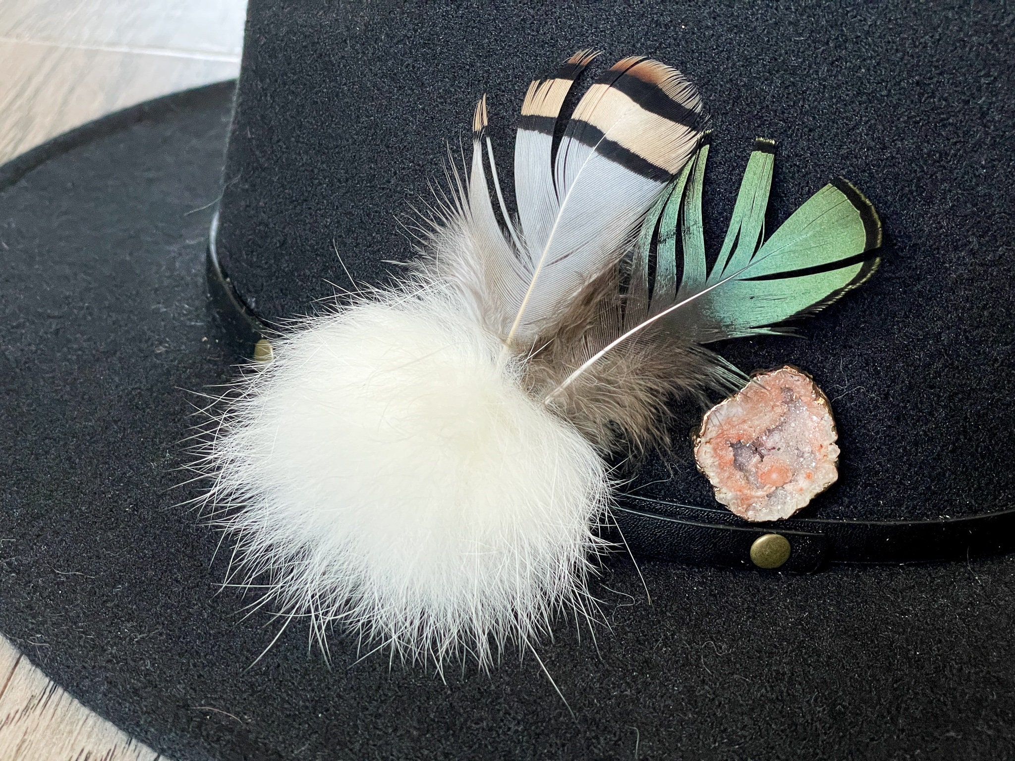 Custom Wide Brim Hat - Rabbit Fur Hat / Feather Hat / Geode Hat