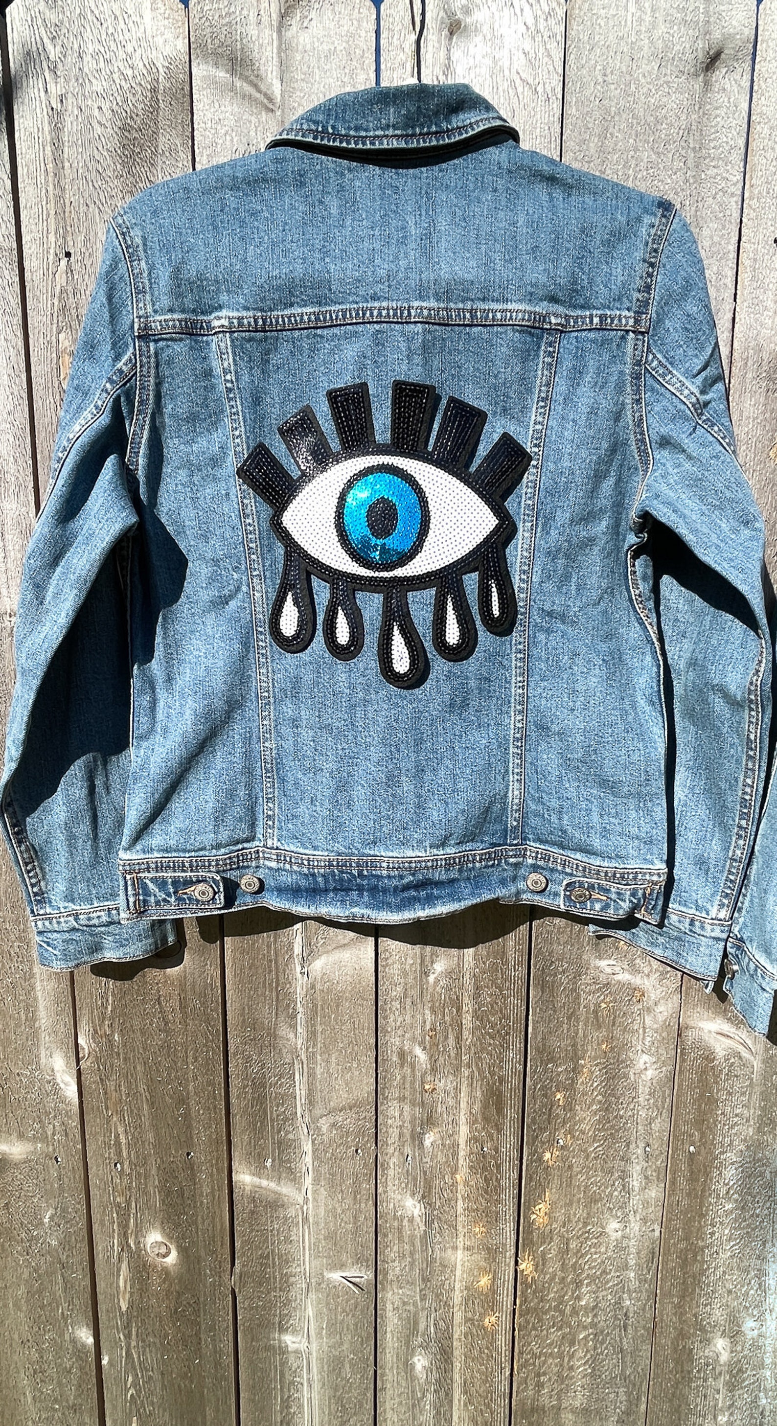 Black White and Blue Sequin Evil Eye Jean Jacket Custom Etsy