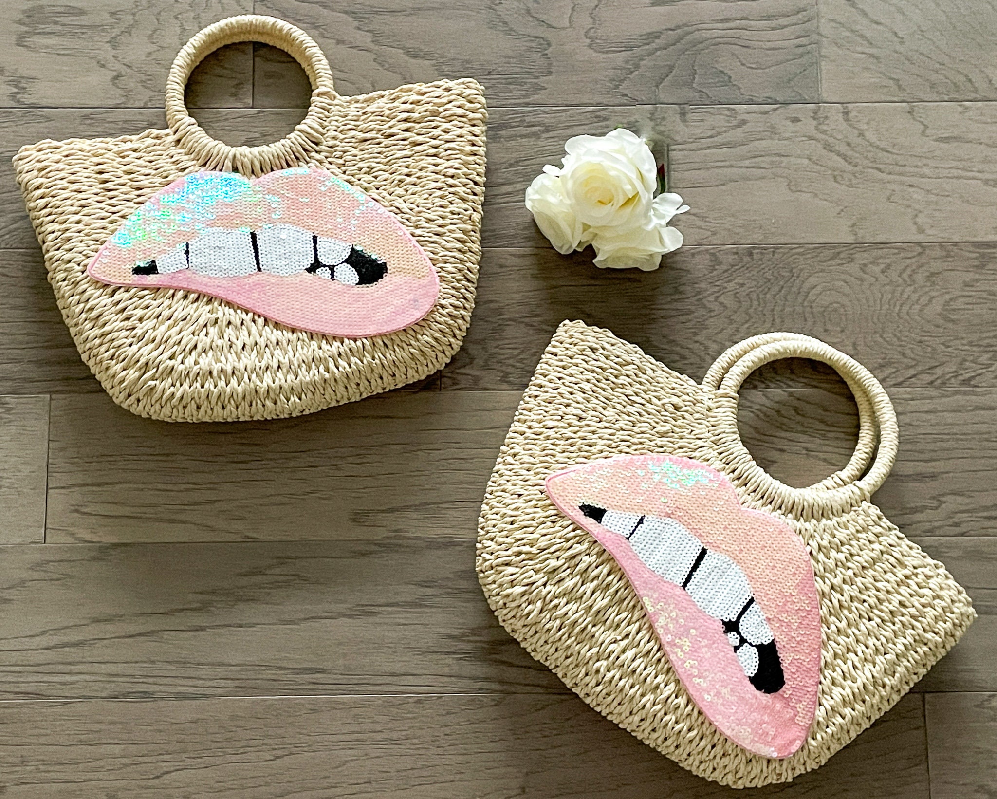 Sequin Lips Straw Beach Bag - Red Lips Beach Bag / Leopard Lips / Sequin Tongue / Pink Lips Pool Tote / Floral Vacation Tote / Gold Lake Bag