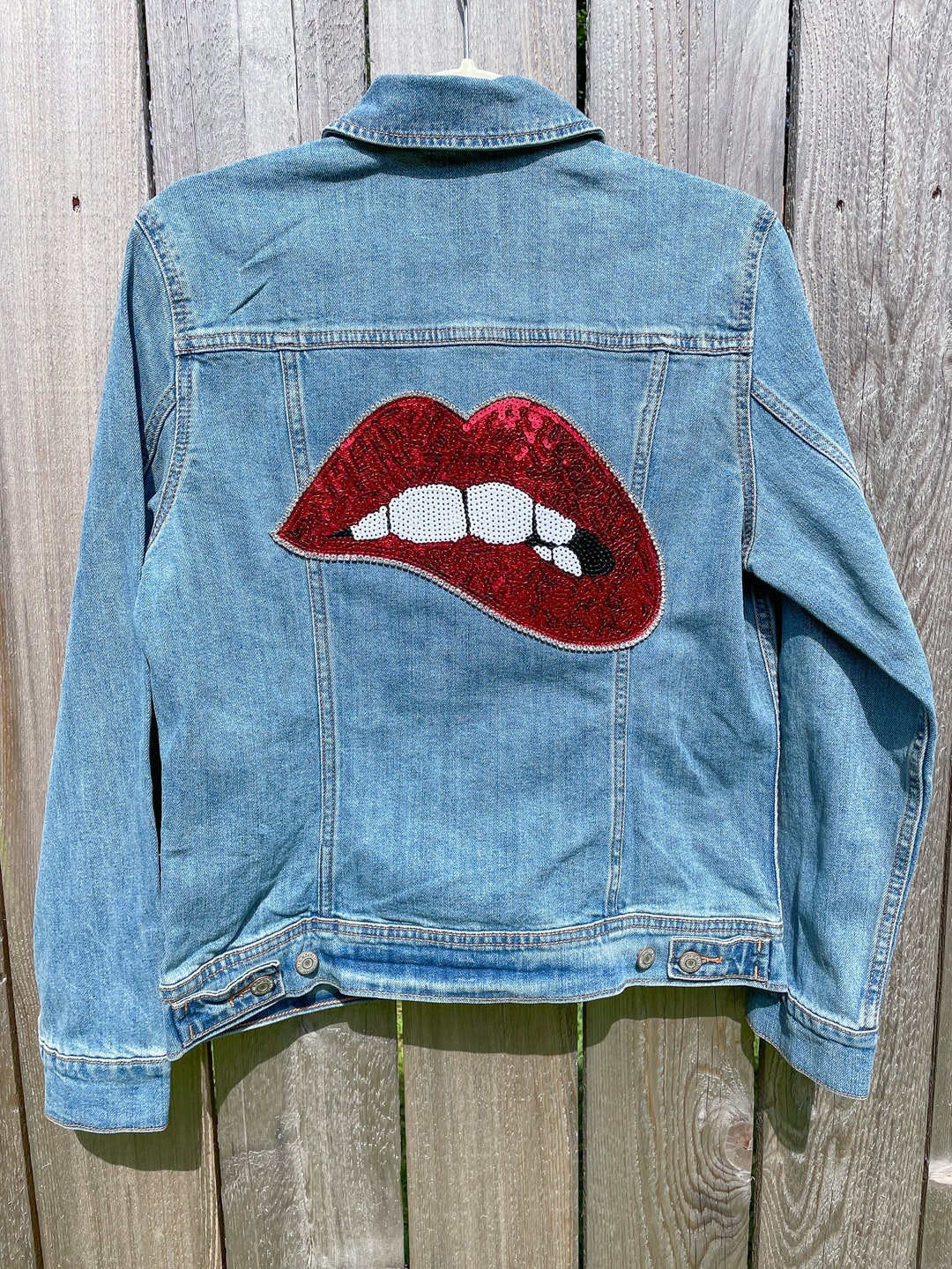 Red Sequin Lips Jean Jacket Custom Jean Jacket / Red Lips Jean Jacket