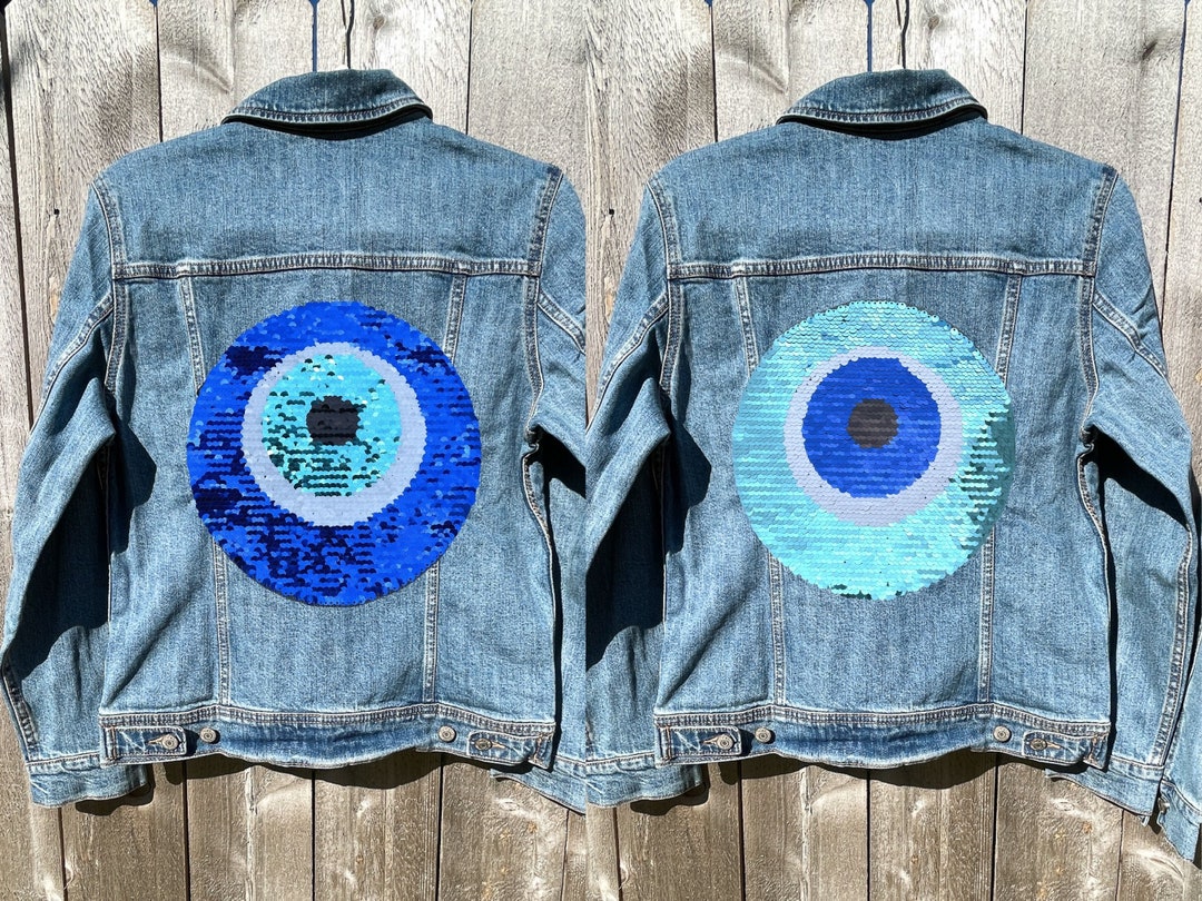 Türkisblaue Reversible Pailletten Evil Eye Jeansjacke -Custom