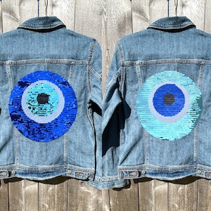 Turquoise Blue Reversible Sequin Evil Eye Jean Jacket -Custom Jean Jacket / Blue Evil Eye / Turquoise  Evil Eye / Sequin Jean Jacket / Denim