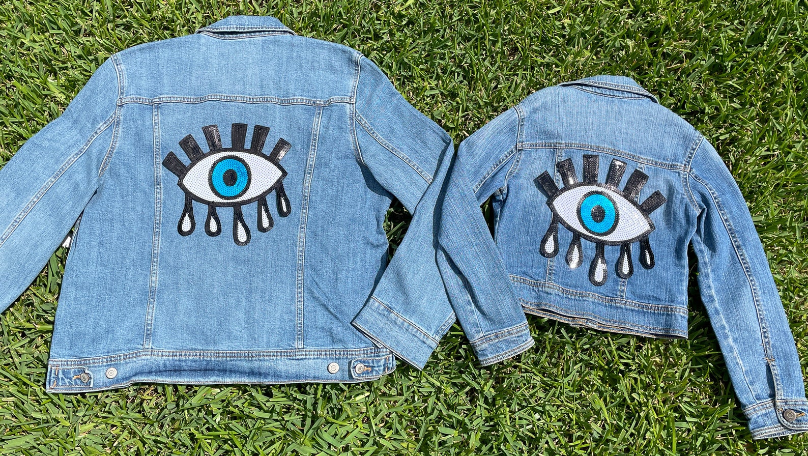 Black White and Blue Sequin Evil Eye Jean Jacket Custom Etsy