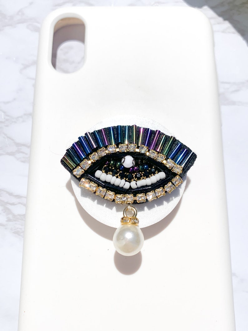 Purple Beaded Eye with Rhinestones and Dripping Pearl Phone Pop Grip Choose Your Background Color! Mermaid Green Blue