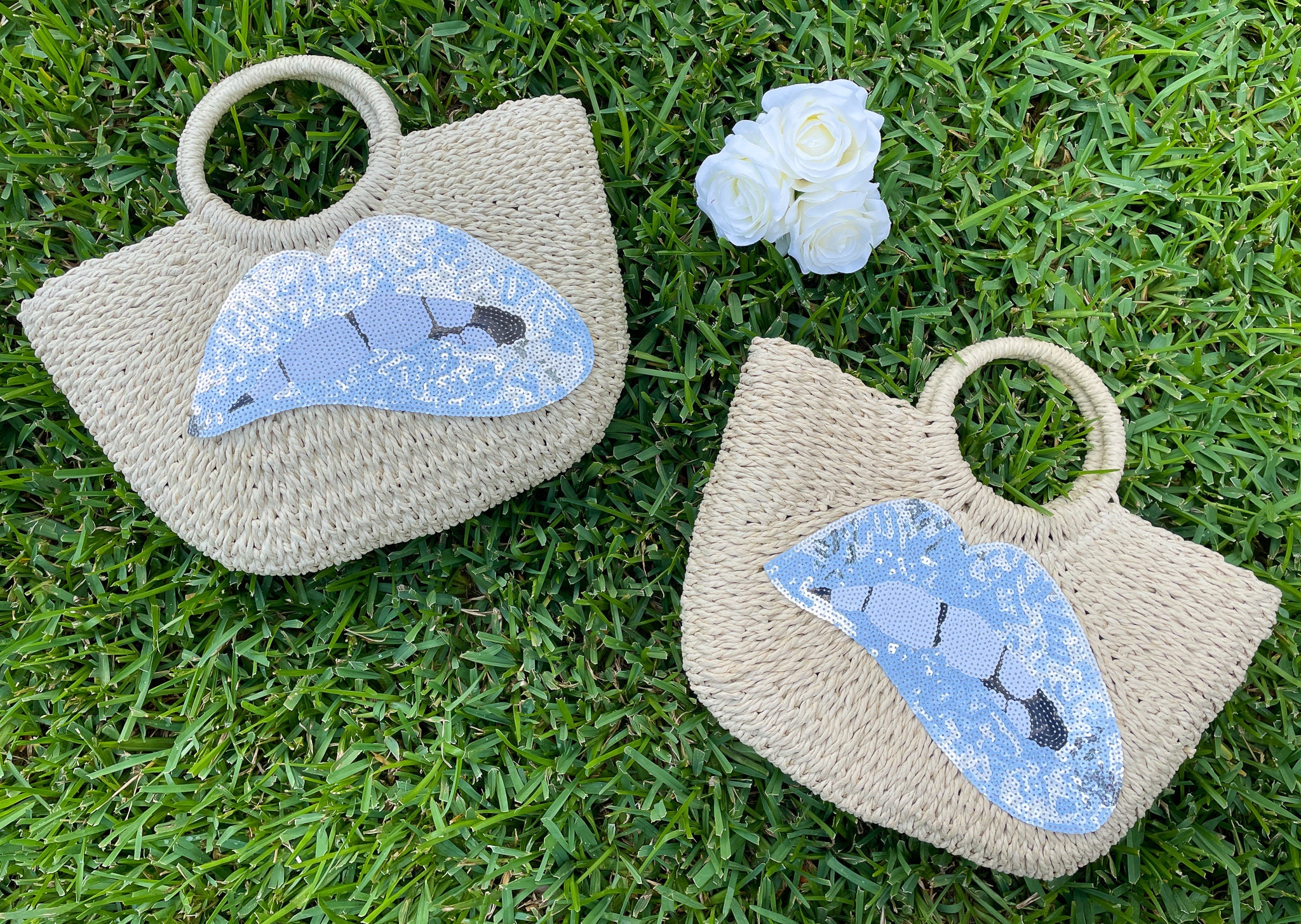 Sequin Lips Straw Beach Bag - Red Lips Beach Bag / Leopard Lips / Sequin Tongue / Pink Lips Pool Tote / Floral Vacation Tote / Gold Lake Bag