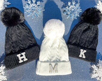 New Custom Designed Navy Pom Pom Beanie with Sequined Evil Eye. Navy Blue Rhinestone Beanie – CostaKini main image 4