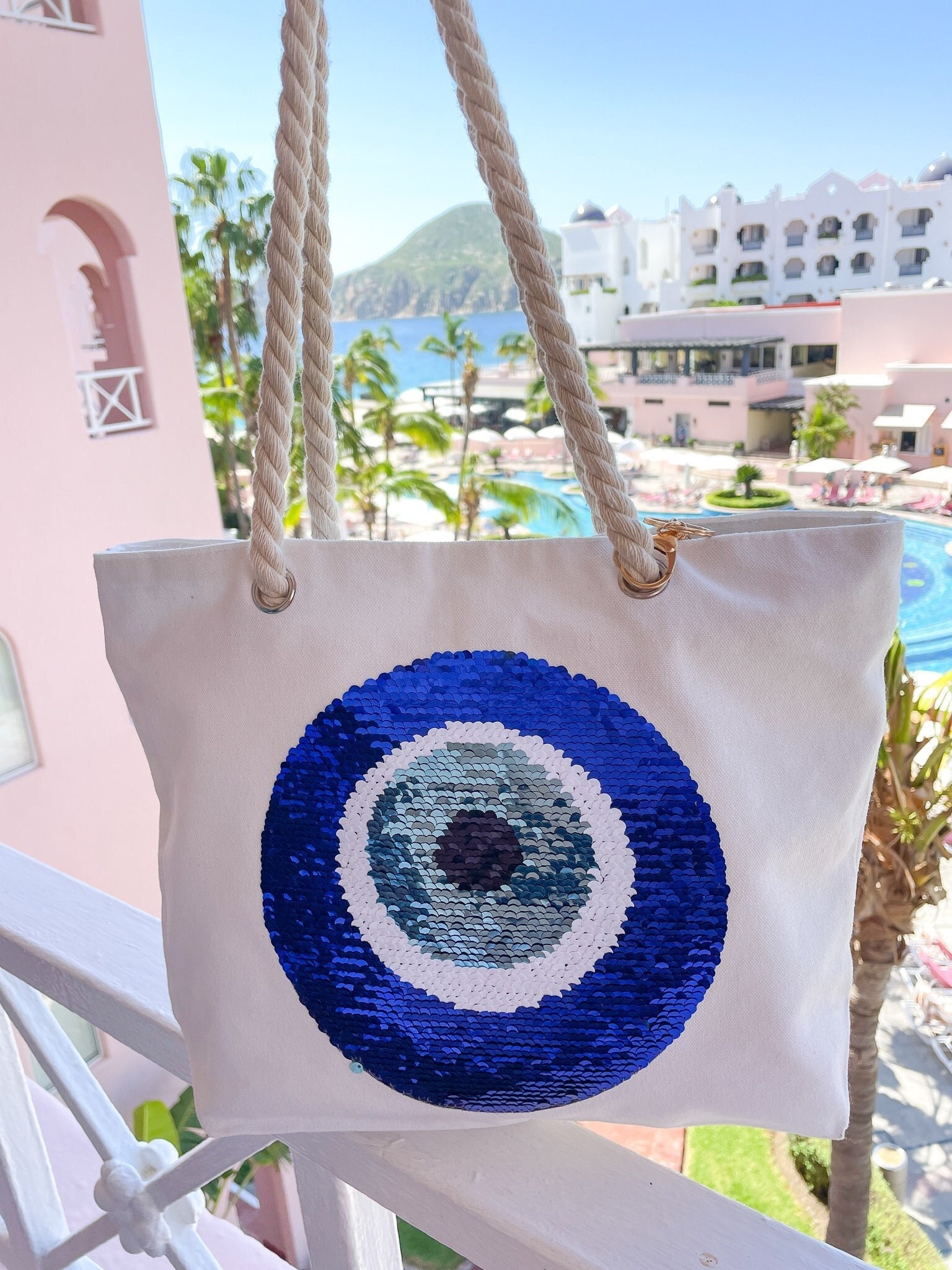 Hand Painted Straw Bag / Beach Tote with Eye Paint