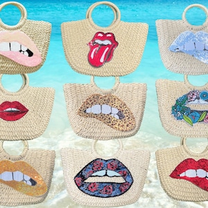 Pailletten Lippen Stroh Strandtasche - Rote Lippen Strandtasche / Leoparden Lippen / Pailletten Zunge / Rosa Lippen Pool Tragetasche / Blumen Urlaubs Tragetasche / Gold Lake Tasche
