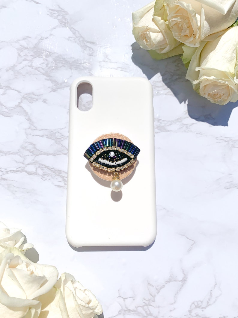 Purple Beaded Eye with Rhinestones and Dripping Pearl Phone Pop Grip Choose Your Background Color! Mermaid Green Blue