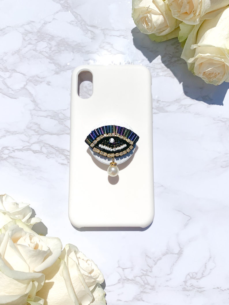 Purple Beaded Eye with Rhinestones and Dripping Pearl Phone Pop Grip Choose Your Background Color! Mermaid Green Blue