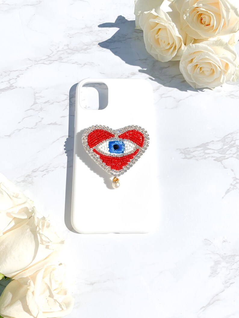 Rhinestone and Beaded Red Heart Evil Eye Phone Pop Grip