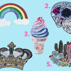 May include: Five colorful iron-on patches with a rainbow, skull, ice cream cone, crown, and cactus design. The patches are made of sequins and are perfect for adding a touch of personality to clothing, bags, or other accessories.