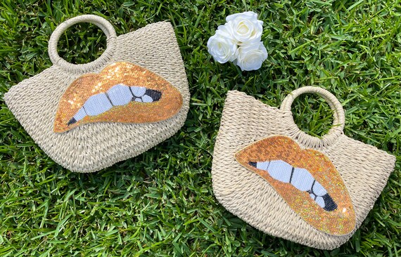 Sequin Lips Straw Beach Bag Red Lips Beach Bag Leopard Lips