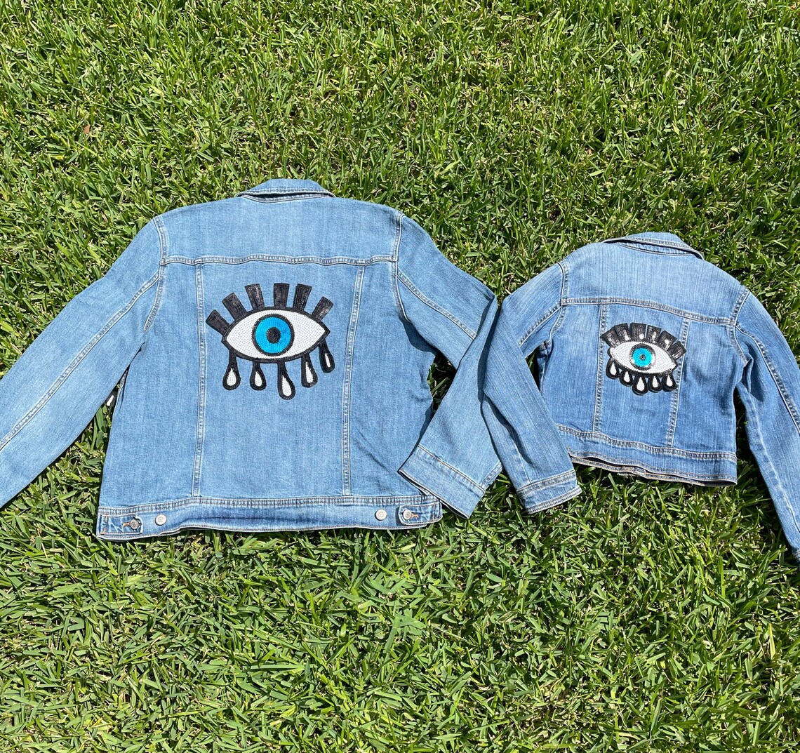 Black White and Blue Sequin Evil Eye Jean Jacket Custom Etsy