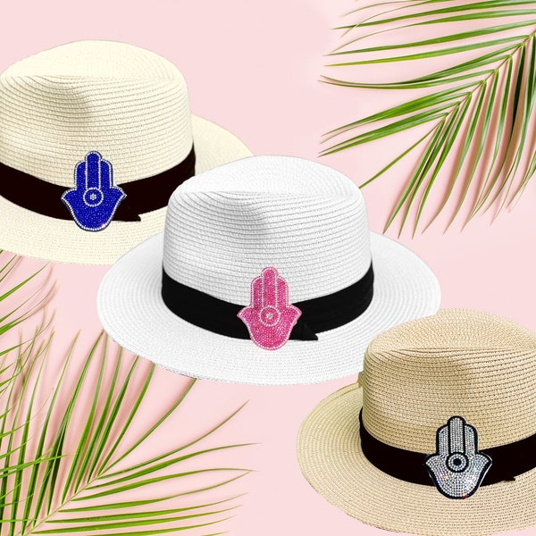 Rhinestone Hamsa Panama Hat - Custom Hat / Panama Sun Hat / Bling Panama Hat / Pink Beach Hat / Hamsa Hand Floppy Hat / Crystal Hamsa Cap